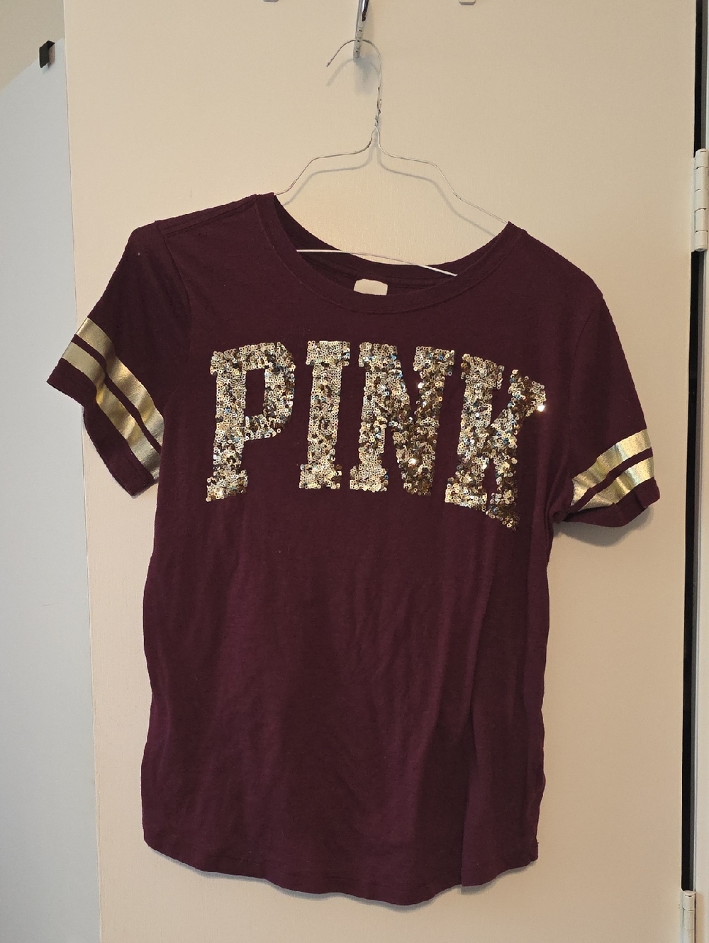 PINK Victoria's Secret Maroon Tee with Gold Sequin Logo
